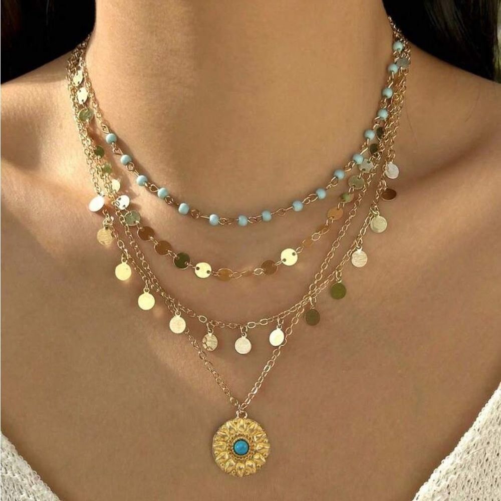 Gold and Turquoise Layered Necklace Set R159 - Picture 2 of 2